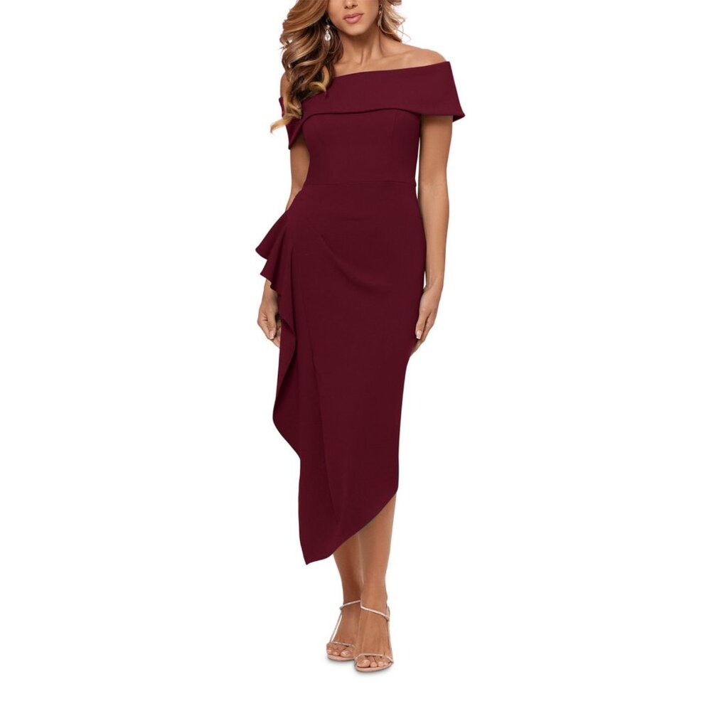 Betsy & Adam Burgundy Off-The-Shoulder Asymmetrical Ruffle Dress Size 6 Formal E